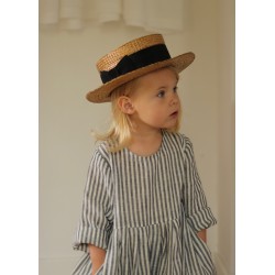 Pleated dress, long sleeves, light stripes linen