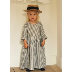 Pleated dress, long sleeves, light stripes linen