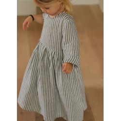 Pleated dress, long sleeves, light stripes linen