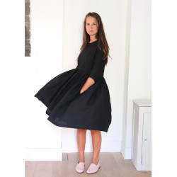 Robe à plis manches 3/4, lin noir