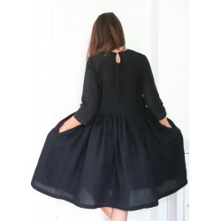 Pleated dress,  3/4 sleeves, black linen