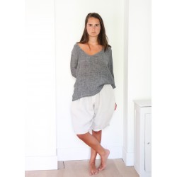 3/4 sleeves blouse V neck, grey linen