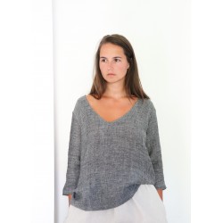 3/4 sleeves blouse V neck, grey linen