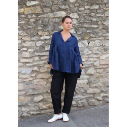 Blouse à plis, lin épais indigo