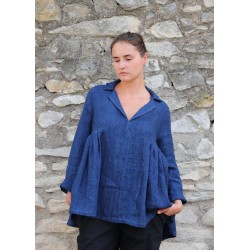 Blouse à plis, lin épais indigo