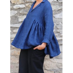 Blouse à plis, lin épais indigo