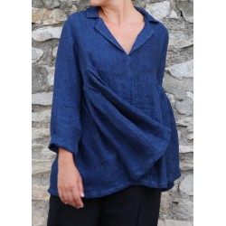 Blouse à plis, lin épais indigo