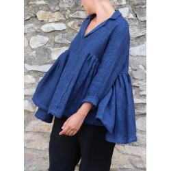 Blouse à plis, lin épais indigo