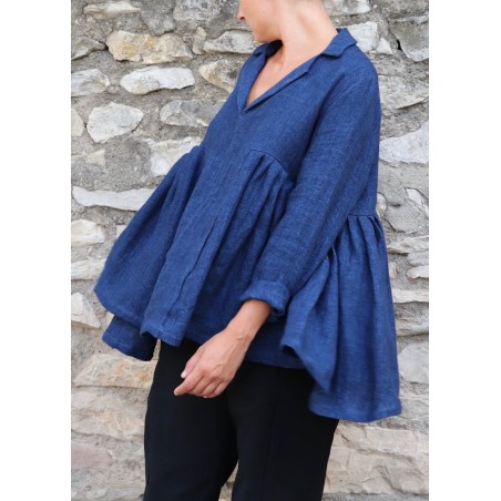 Blouse à plis, lin épais indigo