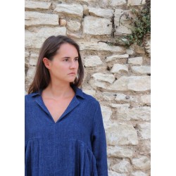 Robe à plis, lin épais indigo