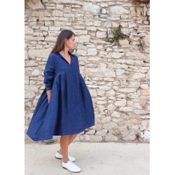 Robe à plis, lin épais indigo