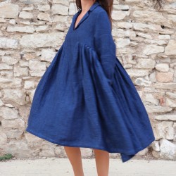 Robe à plis, lin épais indigo