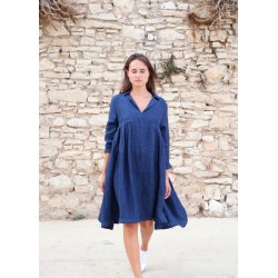 Robe à plis, lin épais indigo