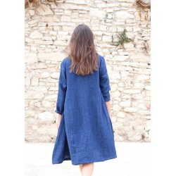 Robe à plis, lin épais indigo