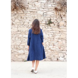 Robe à plis, lin épais indigo