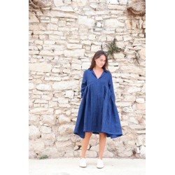 Robe à plis, lin épais indigo