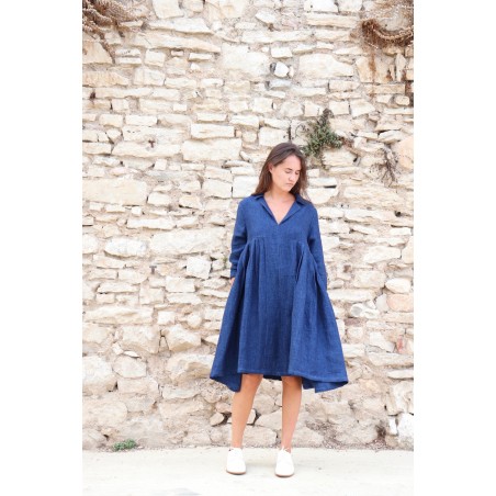 Robe à plis, lin épais indigo