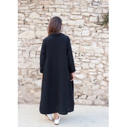 Long pleated dress, black linen