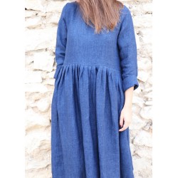 Long pleated dress, long sleeves, indigo heavy linen