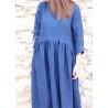 Robe longue à plis manches longues, lin épais indigo