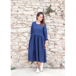 Long pleated dress, long sleeves, indigo heavy linen