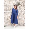 Long pleated dress, long sleeves, indigo heavy linen