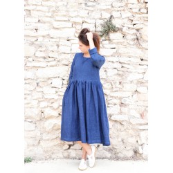 Long pleated dress, long sleeves, indigo heavy linen