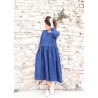 Long pleated dress, long sleeves, indigo heavy linen