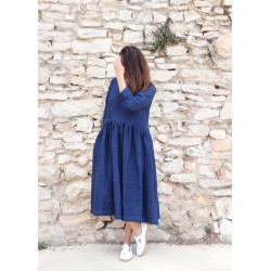 Long pleated dress, long sleeves, indigo heavy linen