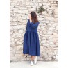 Long pleated dress, long sleeves, indigo heavy linen