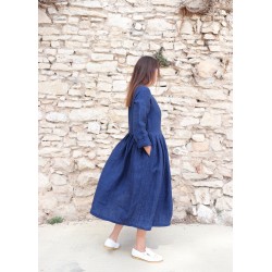 Long pleated dress, long sleeves, indigo heavy linen