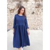 Long pleated dress, long sleeves, indigo heavy linen