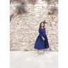 Long pleated dress, long sleeves, indigo heavy linen