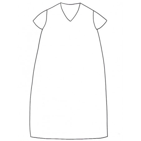 SHORT SLEEVES LONG FLARED DRESS, V NECK