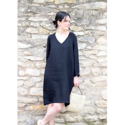 Flared dress, long sleeves, V neck, black linen