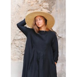 Long sleeves pleated dress, black linen