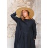 Long sleeves pleated dress, black linen