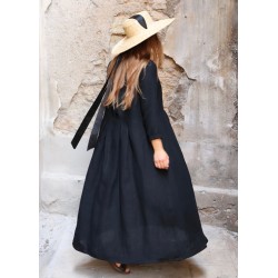 Long sleeves pleated dress, black linen