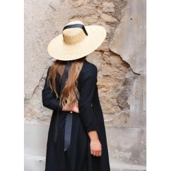 Long sleeves pleated dress, black linen