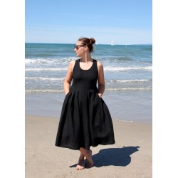 Pleated bow dress, black linen