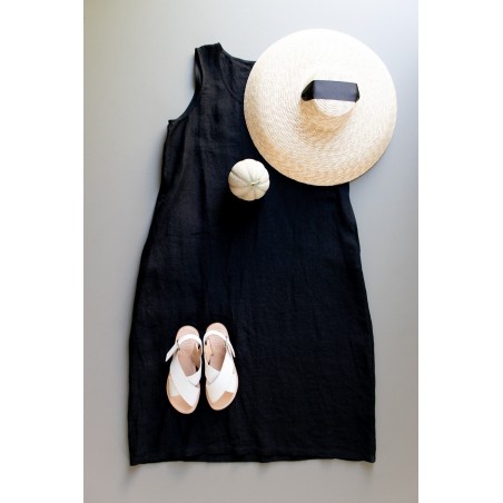 Flared dress, sleeveless, U neck, black linen