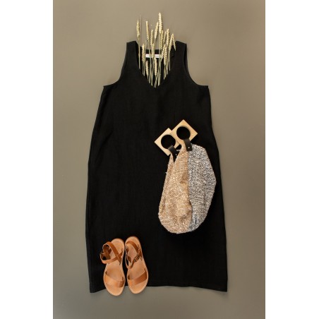 Flared dress, sleeveless, V neck, black linen