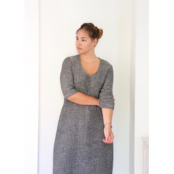 Flared dress, 3/4 sleeves, U neck, grey linen