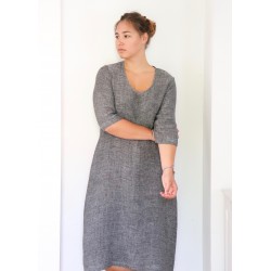 Flared dress, 3/4 sleeves, U neck, grey linen