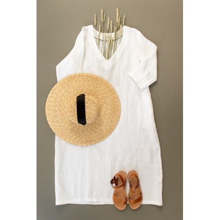 Flared dress, 3/4 sleeves, V neck, white linen