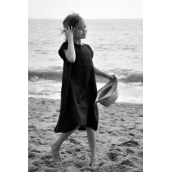 Flared dress, short sleeves, black linen