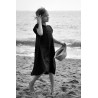 Flared dress, short sleeves, black linen