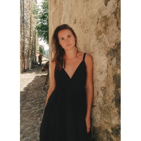 Strap dress, black linen