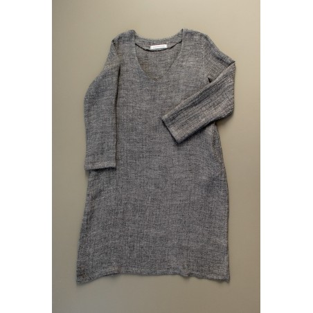 Flared dress, long sleeves, V neck, grey linen