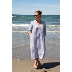 Flared dress, long sleeves, V neck, light stripes linen